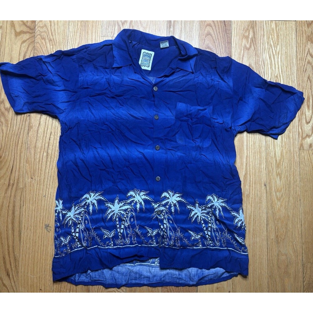 VTG Ocean Current Hawaiian Shirt Men Medium Blue Palm Tree Button Down Rayon